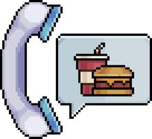 Pixel art of phone with burger and soda icon inside speech bubble, indicating a meal delivery service, phone icon in 8 bit style on white background vector