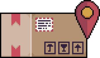 Pixel art box with a GPS location pin, parcel icon with location pin in 8 bit style on white background vector