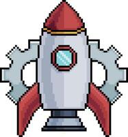 Pixel art rocket with gears in 8 bit style on white background vector