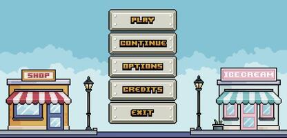 City game home menu with metal buttons in pixel art and 8-bit style vector