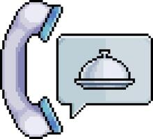 Pixel art of phone with a food tray symbol indicating a meal delivery service, phone icon in 8 bit style on white background vector
