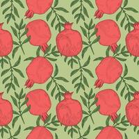 Seamless pattern with Pomegranates. Hand drawn repeating background with engraved coloured fruits, branches, leaves of Garnet plants. Food, ingredient, medical. For sign, label, textile, card vector