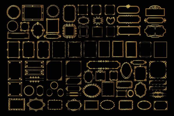 Decorative art deco frames in gold color. Line art decorative borders. Vintage frames for wedding, decoration, antique design, borders and deco divider