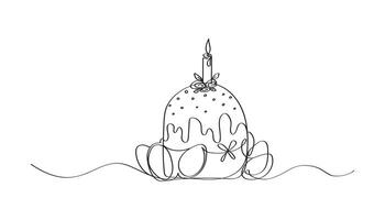 Minimalist Easter cake and Eggs art one line. Holiday sketch. Illustration of continuous line drawing art. vector