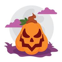 Scary pear-shaped jack-o -lantern pumpkin with moon, vector