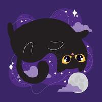 Black cat upside down near full moon and clouds, vector