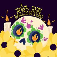 Day of the Dead skull with flowers and candles, vector