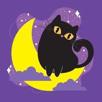 Cute black cat looking over crescent moon, vector
