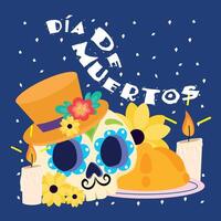 Festive Day of the Dead skull with hat and candles, vector