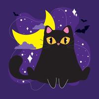 Black cat with yellow eyes under crescent moon, vector