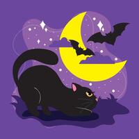 Black cat and crescent moon with flying bats, vector
