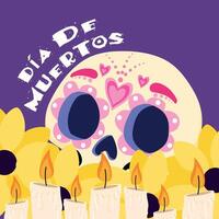 Day of the Dead skull with flowers and candles, vector