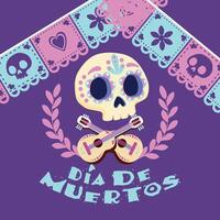 Day of the Dead skull with guitars and papel picado, vector