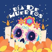 Day of the Dead skull with flowers and candles, vector