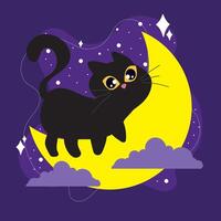 Black cat standing on crescent moon with stars, vector