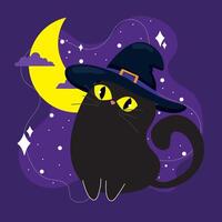 Black cat with witch hat and crescent moon, vector