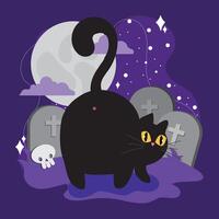 Black cat in graveyard with full moon and skull, vector