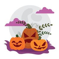 Three jack-o -lantern pumpkins with leaves and full moon, vector