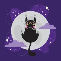 Black cat climbing with full moon and clouds, vector