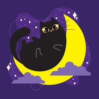 Playful black cat lounging on crescent moon, vector
