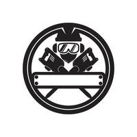 A black and white logo of a man with goggles and a hammer vector