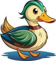 Cartoon duck with green feathers and blue beak vector