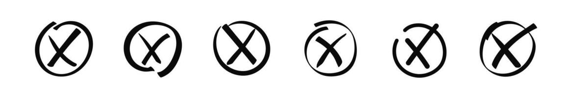 Doodle cross in circle. Brush stroke cross tick in round vector