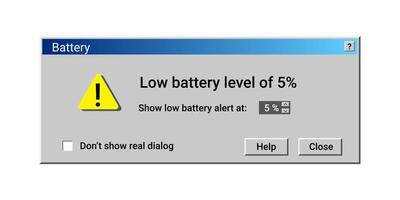 Low battery level notification. Laptop message about power. vector