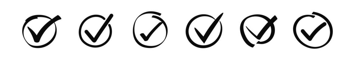 Doodle check marks in circle. Brush stroke tick vector