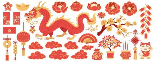 Chinese New Year elements collection. Dragon, decorative elements - flowers and clouds, firecrackers, traditional symbols of luck and prosperity - coins, knots, maneki neko. White background. vector