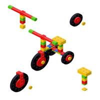 Concept with deconstruction tricycle from plastic blocks. vector