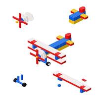 Concept with deconstruction biplane from plastic blocks. vector