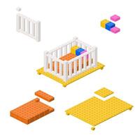 Concept with deconstruction baby crib from plastic blocks. vector