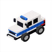 Police car in isometric view assembled from plastic blocks. vector