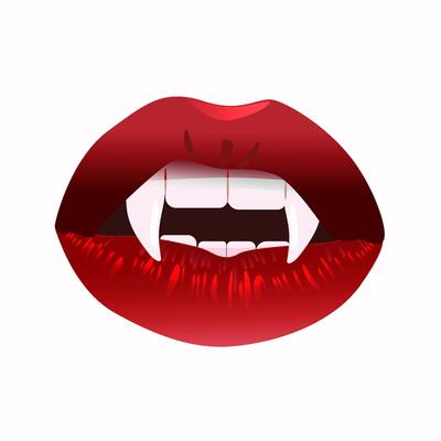 Lips with vampire fangs. Evil dracula grin with blood red kiss