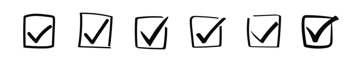 Doodle check marks in square check box. Brush stroke tick vector
