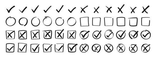 Doodle check marks in circle and square frame. vector