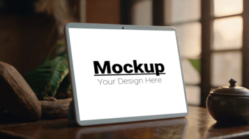 Tablet Mockup in a Cozy Natural Setting Showcase Your Design in a Warm Ambiance psd