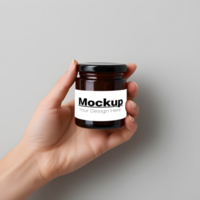 Layout of cream jar in hand on gray background psd