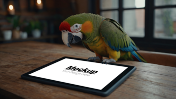 Tablet Display Mockup with a Curious Parrot Add Your Design to this Exotic Scene psd