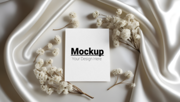 Minimalist Greeting Card Display on Satin with Soft White Botanicals psd
