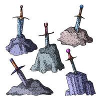 sword stone set sketch hand drawn vector