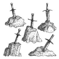 sword stone set sketch hand drawn vector
