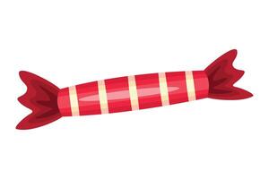 A vibrant piece of candy wrapped in a glossy, red and yellow striped wrapper with twisted ends. The shiny surface and classic design make it an eye catching, nostalgic treat vector