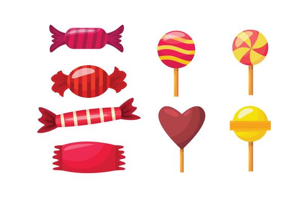 A colorful set of candies and lollipops, featuring various shapes and vibrant patterns, perfect for confectionery themed projects or festive designs