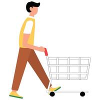 Simple flat style illustration of a young Asian male pushing empty shopping cart vector