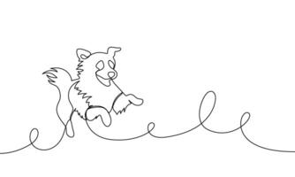 Banner continuous one line drawing dog jump. Happy pet running. Hand drawn illustration, abstract silhouette, outline, line art vector