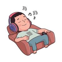 A cartoon man is sleeping on a couch with headphones on vector