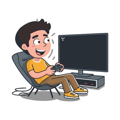 A cartoon boy playing games on a chair