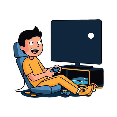 A cartoon man sitting in a chair with a game controller